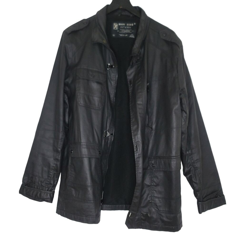 Marc Ecko Cut & Sew Mens Black Faux Leather Field Jacket Toggle Front Medium